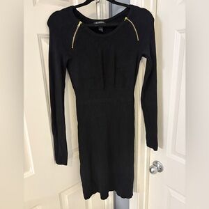 INC International Concepts Black Long Sleeve Ribbed Knit Dress with Gold Zippers